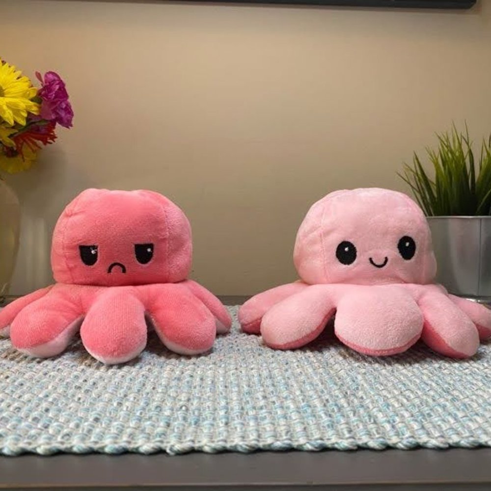 Reversible Happy/Sad Octopus Plush - Vibrant Pink/Light Pink - Soft